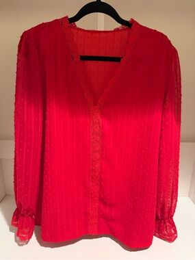 Red Lace-Trim V-Neck Women's Blouse